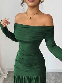 Vestido de punto ajustado de manga larga con hombros descubiertos, elegante y vintage, adecuado para otoño/invierno, Halloween - Verde - Ver 3
