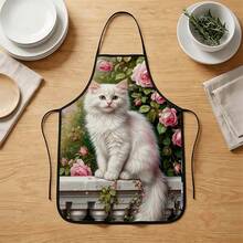 1 pieza, Delantal de poliéster con diseño de gato cocinero y girasol, adecuado para cocinar, hornear y jardinería - se puede usar como atuendo para la cocina y el comedor - Multicolor - Ver 8