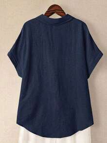 Camisa casual de moda cómoda para mujer de talla grande, de unicolor, con cierre de botones completo, cuello de solapa, manga corta y bolsillos dobles - Azul marino - Ver 2