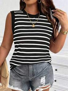 Chaleco sin mangas de mujer de talla grande, casual, de cuello redondo y con estampado de limón, de hombros anchos - Blanco y Negro - Ver 3