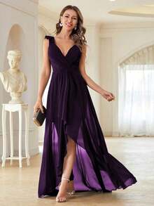 Vestido de dama de honor elegante de gasa con drapeado asimétrico para boda de primavera - Morado - Ver 3