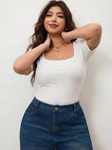 Camiseta de manga corta de cuello cuadrado de ajuste ceñido y elástica para mujer de talla grande, camiseta primavera y verano amigable con la piel, compatible con curvas redondeadas del Body, compatible con la forma del Body redondeada de Apple/20 - Blanco 2 - Ver 6