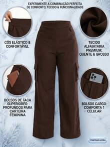 Wide Leg Plus Size Winter High Waist New Release Cold Autumn Elegant Palazzo Pants With Side Pockets Cargo Butt Lifting Premium Tailoring Sizes 46 To 56 - 鏽棕色 - 查看 10