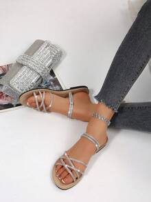 Summer New Round Toe Criss-Cross Glass Rhinestone Slip-On Sandals, Casual Fashion Two-Way Wear Flat Beach Vacation Slippers For Women - Apricot - View 3