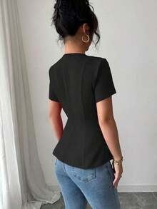 Blusa casual de primavera y verano, elegante, de estilo francés, de unicolor, con cuello redondo, corte evasé, manga corta, con cintura ceñida, detalle de lazo y cremallera posterior - Negro - Ver 2