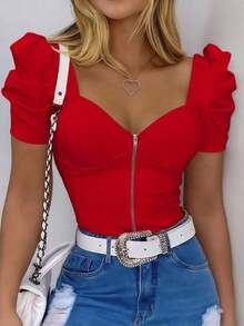 Camiseta ajustada de manga corta con cuello en V sexy y cremallera delantera - Rojo - Ver 5