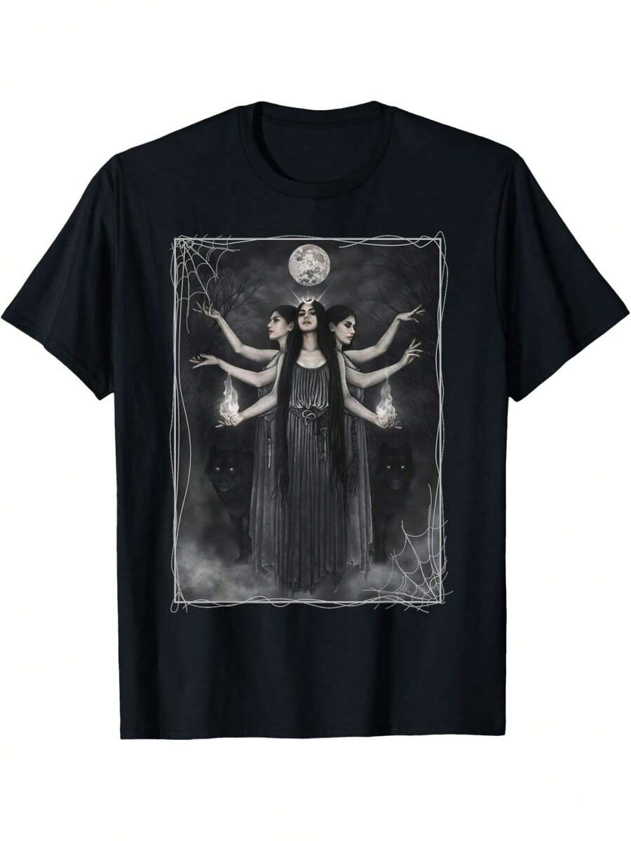 Vintage T-Shirt With Witch, Werewolf And Moon Design - Black - View 1