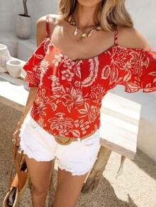 Blusa de mujer de gasa con hombros descubiertos, bajo con volantes y estampado, para primavera/verano y vacaciones - Rojo - Ver 8