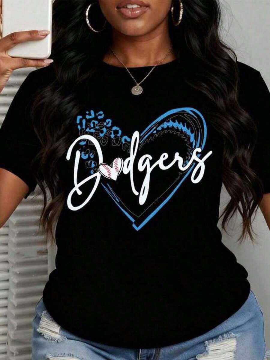 Women's Plus Size Cotton Graphic T-Shirt, Dodgers Baseball T-Shirt With Heart Print, Soft Cotton, Casual Crew Neck, Versatile Top, Gift Idea For Sports Fans And Everyday Wear, Y2K, Men's Oversized T-Shirt, Summer Tops - 黑色 - 查看 1
