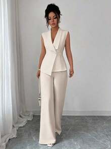 Conjunto de oficina elegante para mujer, compuesto por una chaqueta blazer sin mangas con cuello y bajo asimétrico, con hebilla metálica en la cintura, combinada con pantalones de cintura elástica.Conjunto de 2 piezas elegante para primavera/verano, atuendo formal y de clase para mujer. - Albaricoque 2 - Ver 5