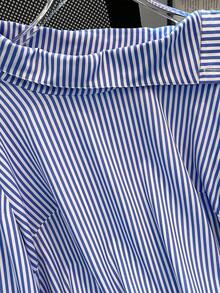 Camisa de manga larga con cuello alto a rayas para mujer de talla grande, adecuada para ir a trabajar, salidas, vacaciones, tops de primavera/verano - Azul - Ver 8