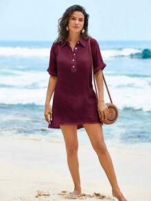 Conjunto de ropa de playa para mujer- Vestido de baño con cuello en V sin mangas como cobertor casual de playa - Burdeos - Ver 6