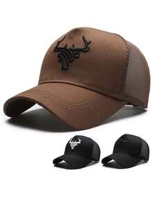 1pc Men's Deer Antler Embroidered Baseball Mesh Cap, Adjustable Outdoor Sun Protection Casual Hat Suitable For Spring/Summer Travel, Beach, Party - A - View 4