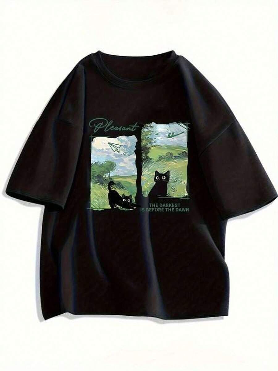 1 Piece Unisex Loose Fit T-Shirt 180g 100% Pure Cotton, Unique T-Shirt With Cat Design And Vibrant Landscape Ideal For Nature And Feline Lovers, Perfect For A Modern Y2K Style, Comfortable And Cool, Don't Miss This Exclusive Piece That Combines Art And Originality In Your Outfit. - 黑色 - 查看 1