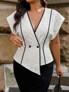 Camisa elegante de mujer talla grande con cuello en V, bajo asimétrico, diseño de rayas y parches, con encaje transparente en la parte delantera, adecuada para uso diario, oficina y citas, primavera/verano - Albaricoque - Ver 5