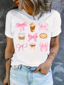 Camiseta Casual de Manga Corta para Mujer - Estampado Taza de Café y Lazo Rosa, Corte Relajado, Tejido Transpirable Lavable a Máquina, Camiseta Divertida con Diseño Juguetón, Ropa de Verano, Prenda Cómoda, Estiramiento Medio - [Blanco] - Ver 6