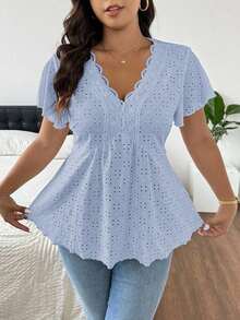 CosyJoli Camiseta de mujer de talla grande con cuello en V, parche de encaje y textura a rayas en forma de A - Azul - Ver 1