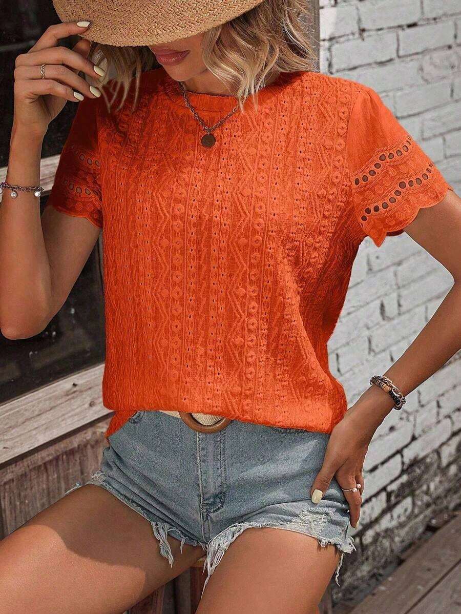 Camiseta casual de mujer de manga corta, cuello redondo, con decoración de estampado quemado y bordado - Naranja - Ver 1