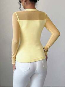 Blusa de manga larga elegante de unicolor con empalme transparente y ajuste elástico para mujer, otoño/invierno - Amarillo claro - Ver 2
