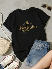 Women's Soft And Casual Short-Sleeved T-Shirt With A Round Neck, Featuring A Retro Print With The Don Julio Tequila Brand Logo In Gold. White. - 黑色 - 查看 2