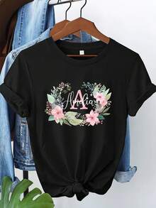 [Personalized Item] Personalized T-Shirt With Name And Initial Watercolor Floral Design For Mother's Day, Personalized T-Shirt, Christmas Gift, Mother's Day Gifts, Holiday Gifts, Personalized T-Shirt With Name And Initial Watercolor Flower Design, For Mom, Teacher, Daughter, Her Gifts - 黑色 - 查看 7