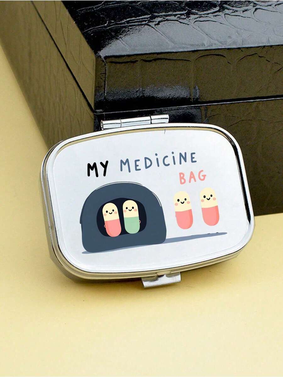 Square Pill Box, Printed With Capsule, Tablet, Letter And Bottle Patterns; Portable Medication Storage Compartment; Mini Metal Storage Box; Portable Jewelry And Pill Box; Travel Pill Box; Large Capacity Compartment; Weekly Medication Organizer; Suitable For Daily Medication And Vitamins; Essential For Doctors And Nurses; Emergency Needs; Travel; Hiking Emergency Rescue; Personalized Creative Gift With Cartoon Logo. - View 1