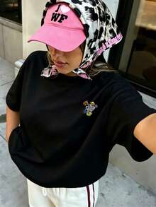 Women's Vintage Funny Frog Print Oversized T-Shirt, Casual Summer Vacation Tops - 黑色 - 查看 2