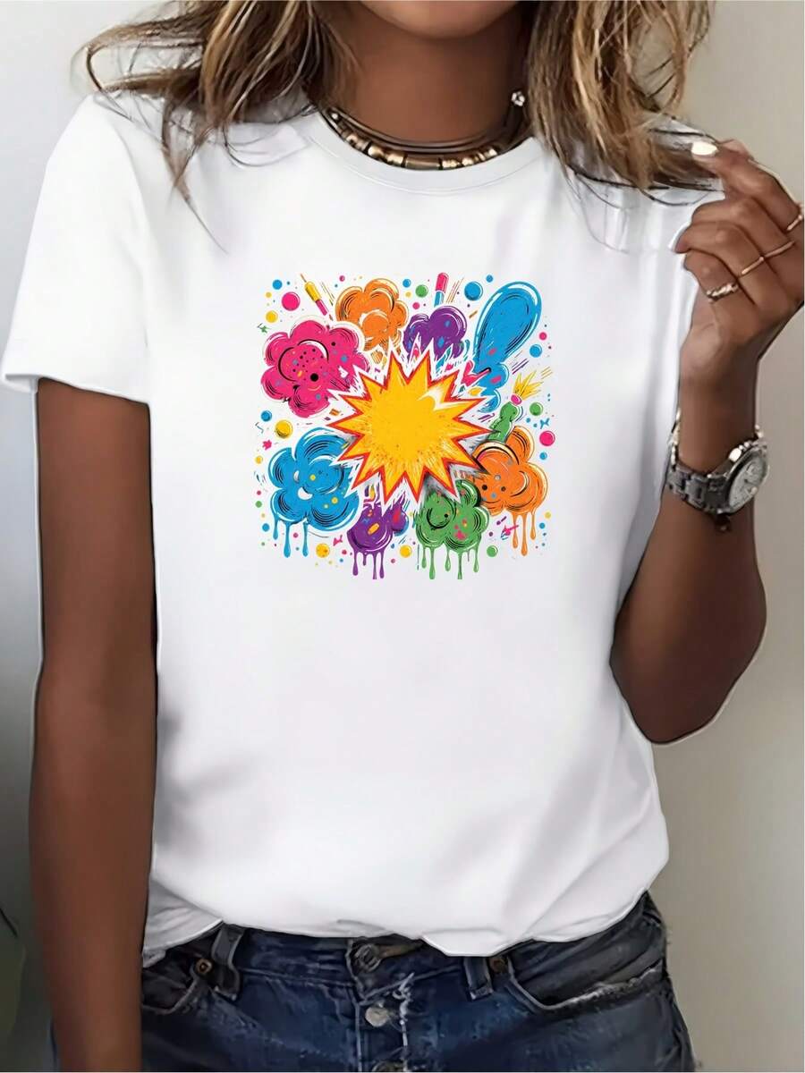 Camiseta Deportiva Casual para Mujer con Diseño Abstracto de Explosión Floral - Camiseta Blanca Elástica de Cuello Redondo, Lavable aáquina, Ajuste Cómodo, para Todas las Estaciones, Ropa Casual con Estilo Floral. - Blanco - Ver 1