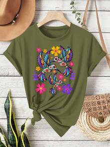 Short-Sleeved T-Shirt With Round Neck, Mexican Style, Bohemian Style, Folk Art Three Birds Floral Print,  Retro Style, Casual Sports And Fitness Clothing For Women, Suitable For All Seasons - Basic And Versatile. - 黑色 - 查看 7