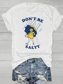 Plus Size Women's Clothing, "Don't Be Jealous" Print T-Shirt - Fun And Playful Beach Phrase, Mermaid And Shell Design, Casual Short Sleeve Round Neck Top, Lightweight And Breathable Polyester Fiber, Suitable For Spring And Summer, Theme Parties And Daily Outfits - Geometric Print, Machine Washable, Non-Stretch Fabric, Regular Fit, Fun Illustrations, Relaxed Style - Basic And Versatile. - 白色 - 查看 1
