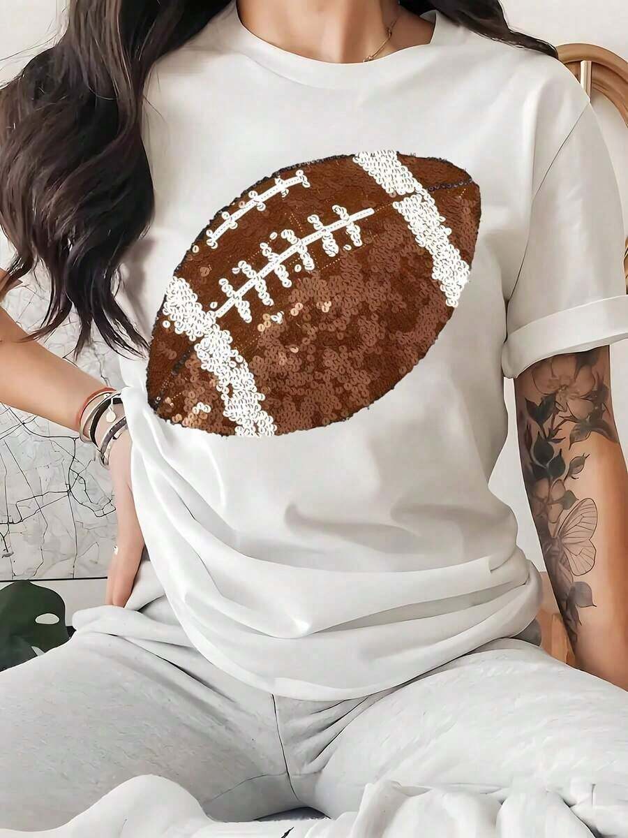 Women's Casual Soccer Sequin Print T-Shirt, Soft And Comfortable, Thanksgiving And Soccer Season Gift, 100% Cotton, Durable - 白色 - 查看 1