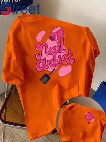Women's Double-Sided Print Short Sleeve T-Shirt, Summer Casual Style, Round Neck, Fashion Print, Professional Style For Nail Artists, Pink Nail Polish Print, Loose And Slimming Fit, Nail Salon Workwear. - 杏色 - 查看 11