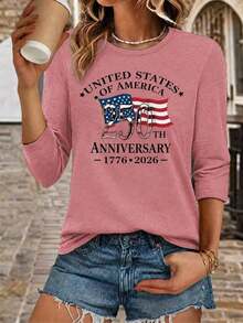 Camiseta del 250º Aniversario para Mujer, Manga Tres Cuartos, Cuello Redondo, Estampado Patriótico 250º Aniversario de la Independencia Americana 1776-2026, Tela Suave y Transpirable, Corte Holgado Casual, que Muestra el Orgullo Americano, para el 4 de Julio y Celebraciones.% Algodón - Morado - Ver 3