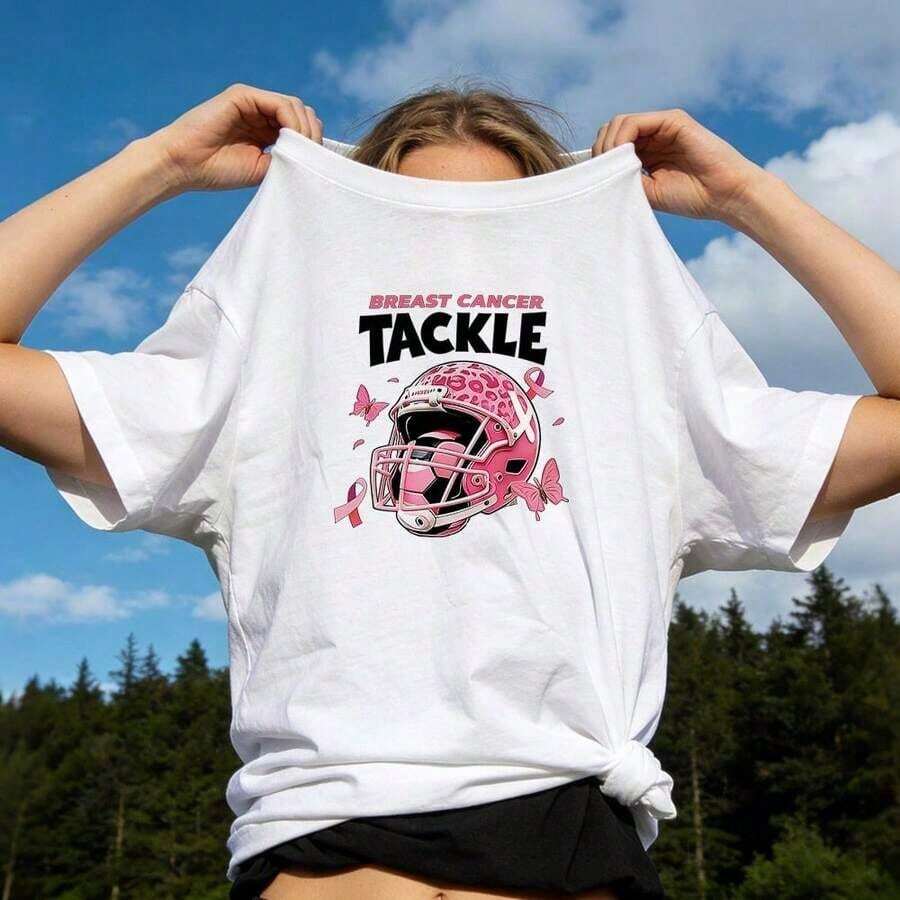Ropa de verano para mujer, camiseta de algodón suave y casual con cuello redondo, estampado de leopardo rosa, estampado de casco de fútbol, estampado de mariposa, estampado de letras sobre cáncer de mama. Color. Adecuado para primavera, verano y otoño - Blanco - Ver 1
