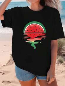 2026 Women's White T-Shirt With Melted Watermelon Print, Casual Summer Design For Women, Short Sleeve Tops, Bohemian Style For Beach And Leisure, Cool 100% Cotton - 黑色 - 查看 1