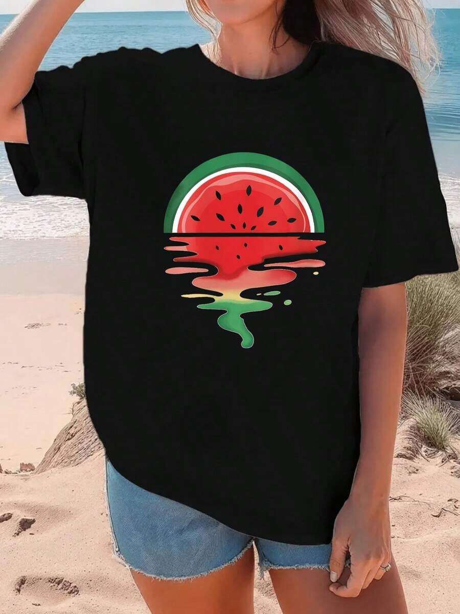 2026 Women's White T-Shirt With Melted Watermelon Print, Casual Summer Design For Women, Short Sleeve Tops, Bohemian Style For Beach And Leisure, Cool 100% Cotton - 黑色 - 查看 1