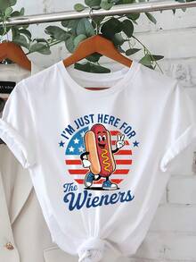 Women's Casual Summer T-Shirt With Fun Hot Dog Print - "I'm Just Here To Eat" Print, White Base With Colorful Designs Of Hot Dogs And Stars, Lightweight And Breathable, Soft And Neutral, Short Sleeve And Round Neck, Suitable For Spring And Summer, Machine Washable, Comfortable And Fun. - 白色 - 查看 1