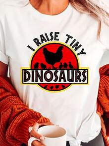 1 camiseta de mujer con estampado de pollo "I Raise Tiny Dinosaurs" - Camiseta casual de manga corta con cuello redondo, ligeramente elástica, de tejido de punto para todas las estaciones con diseño de animales. - Blanco - Ver 1