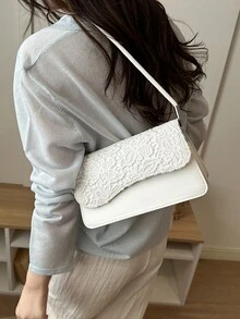 Cartera Hombro Blanca Forma Baguette con Solapa Ondulada, Bolso Casual de Piel Sintética para Mujer, Bolsa Elegante para Salidas Diarias y Ocasiones Especiales Moda Verano - Champán - Ver 3