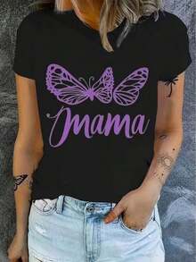 1 pieza de camiseta casual de manga corta con estampado de mariposa morada y la frase "And Mama", camiseta estampada con patrón de texto para mujer, 180g, 100% algodón. - Negro - Ver 6