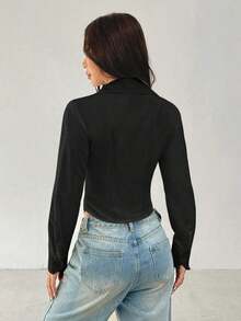Camisa básica de manga larga informal con cintura recogida - Negro - Ver 2