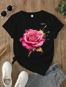 Limited Time Offer, Limited Quantity Available, Flash , Women's Shirts, Women's T-Shirts. Women's Oversized White T-Shirt, Short Sleeve, Round Neck, Pink Rose Print With Gold And Graffiti Details, Casual Elegant Style For Everyday Wear - 黑色 - 查看 4