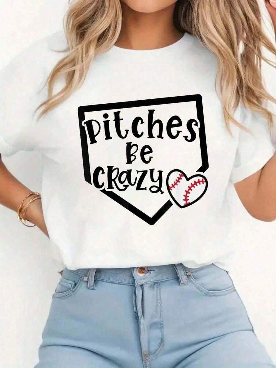 Fun And Cute T-Shirt With Pitches Be Crazy Softball Baseball Mom Sports Print, Casual Short-Sleeved T-Shirt With Round Neck, Comfortable For Spring And Summer, Women's Clothing. - 白色 - 查看 1
