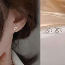 1pair Double Star Shaped Earrings Inlaid With Cubic Zirconia 18k Gold Plated For Women, Perfect Choice For Proposal, Engagement Party Gift - Gold - View 3