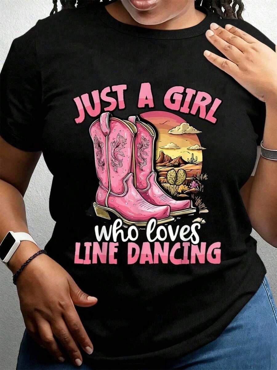 Women's Clothing Cowgirl Style Line Dancing T-Shirt For Women, Pink Boots And Desert Scene Print With "Just A Girl Who Loves Line Dancing" Text, Clothing For Country Western Parties, Festivals, Summer Outfit, Perfect Gift For Mom, Women's Shirts - 黑色 - 查看 1