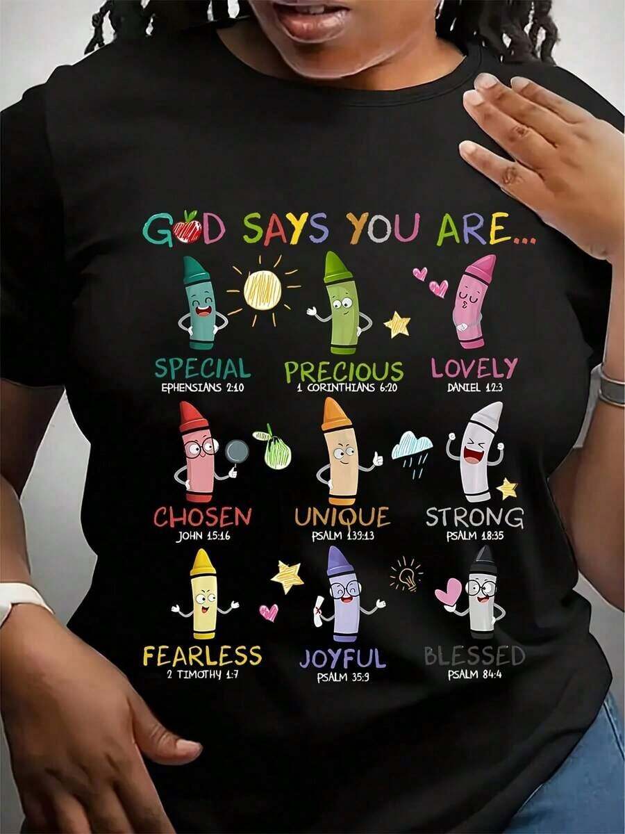 Women's Cotton T-Shirts [Gift For Christian Teachers] T-Shirt With Inspirational Bible Verse, Thank You Gift For Christian Teachers, Colorful Crayon Print, Casual Summer Style, Fabric, Perfect For Teacher's Day, Basic Women's Blouses - 黑色 - 查看 1