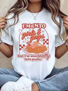 Women's Cotton T-Shirts, Funny Graphic Print T-Shirt For Food Lovers "I Like Girls And Boys, But I Also Love Pasta", For Women And Men, Casual Wear, Gift For Pasta Enthusiasts, Basic Women's Blouses. - 白色 - 查看 1