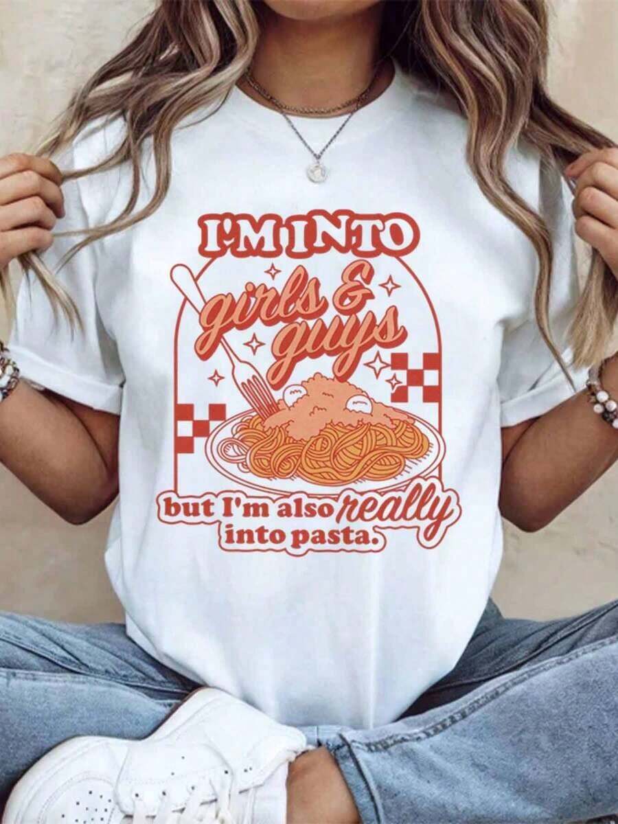 Women's Cotton T-Shirts, Funny Graphic Print T-Shirt For Food Lovers "I Like Girls And Boys, But I Also Love Pasta", For Women And Men, Casual Wear, Gift For Pasta Enthusiasts, Basic Women's Blouses. - 白色 - 查看 1