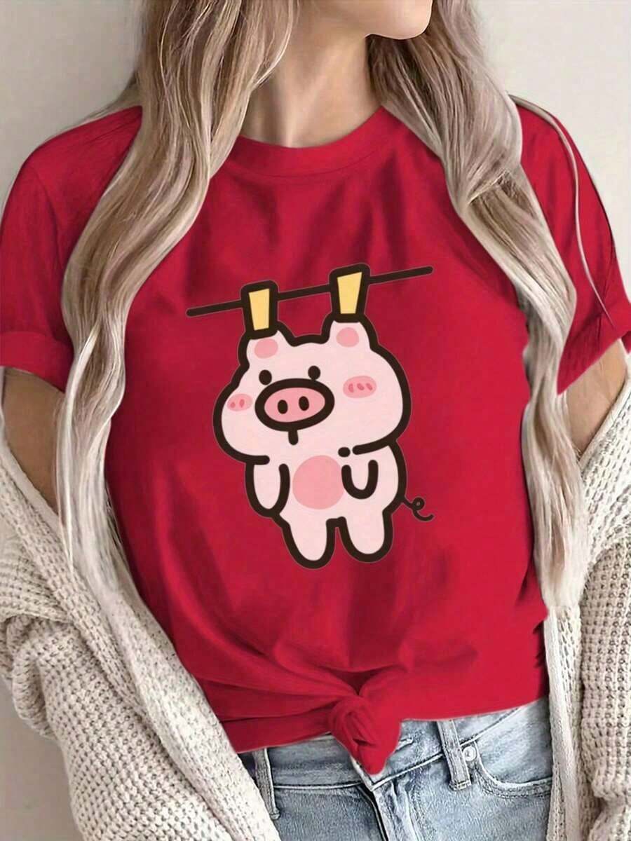 Under The Radar Women's Casual Short Sleeve T-Shirt With Pig And Clothesline Print - Soft Polyester Crew Neck T-Shirt, Pink, Machine Washable, Comfortable For All Seasons, 100% Cotton Ladies' T-Shirts. Unisex Loose Fit Short Sleeve Crew Neck Cotton T-Shirt, Urban Vintage Style - 紅色 - 查看 1