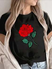 Men's T-Shirt Black Polyester Short-Sleeved T-Shirt With Red Rose Print, Lightweight And Durable, Perfect For Casual Wear At Home, Office Or Outings, Comfortable Fit For Everyday Wear. - 黑色 - 查看 6